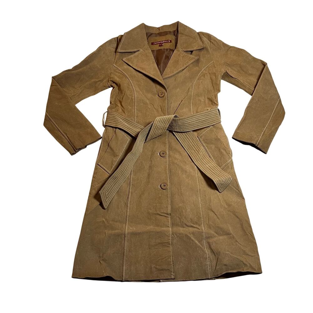 Vintage Jennyfer J 100% Leather Suede Trench Coat Size S Hippie Y2K 70s 80s Boho